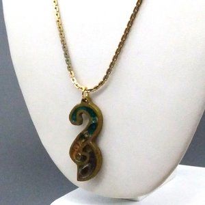 Modernist Brass Pendant Necklace with Stone and Resin Inlay, Retro Abstract Boho